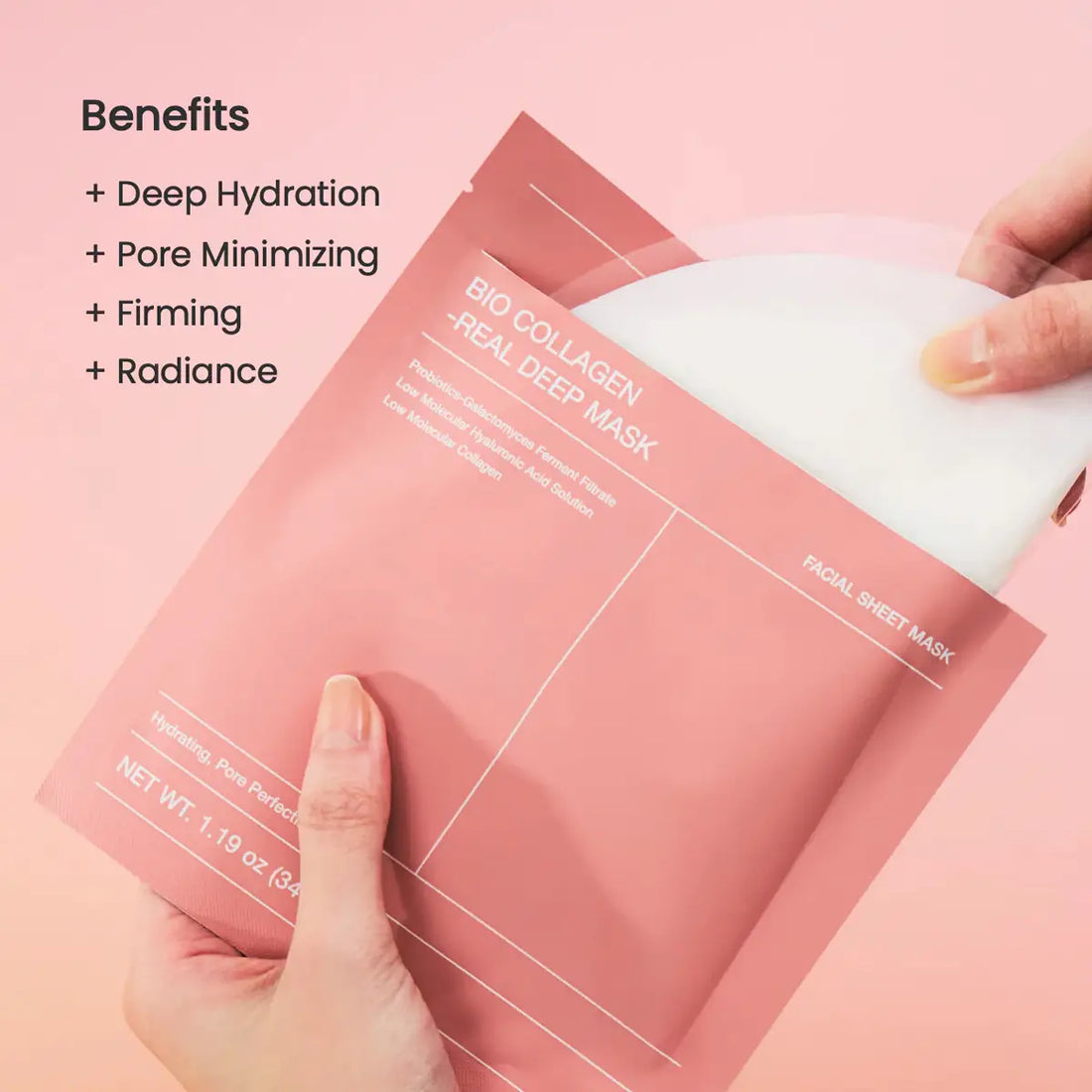 Biodance collagen facial sheet mask with benefits listed on a pink background