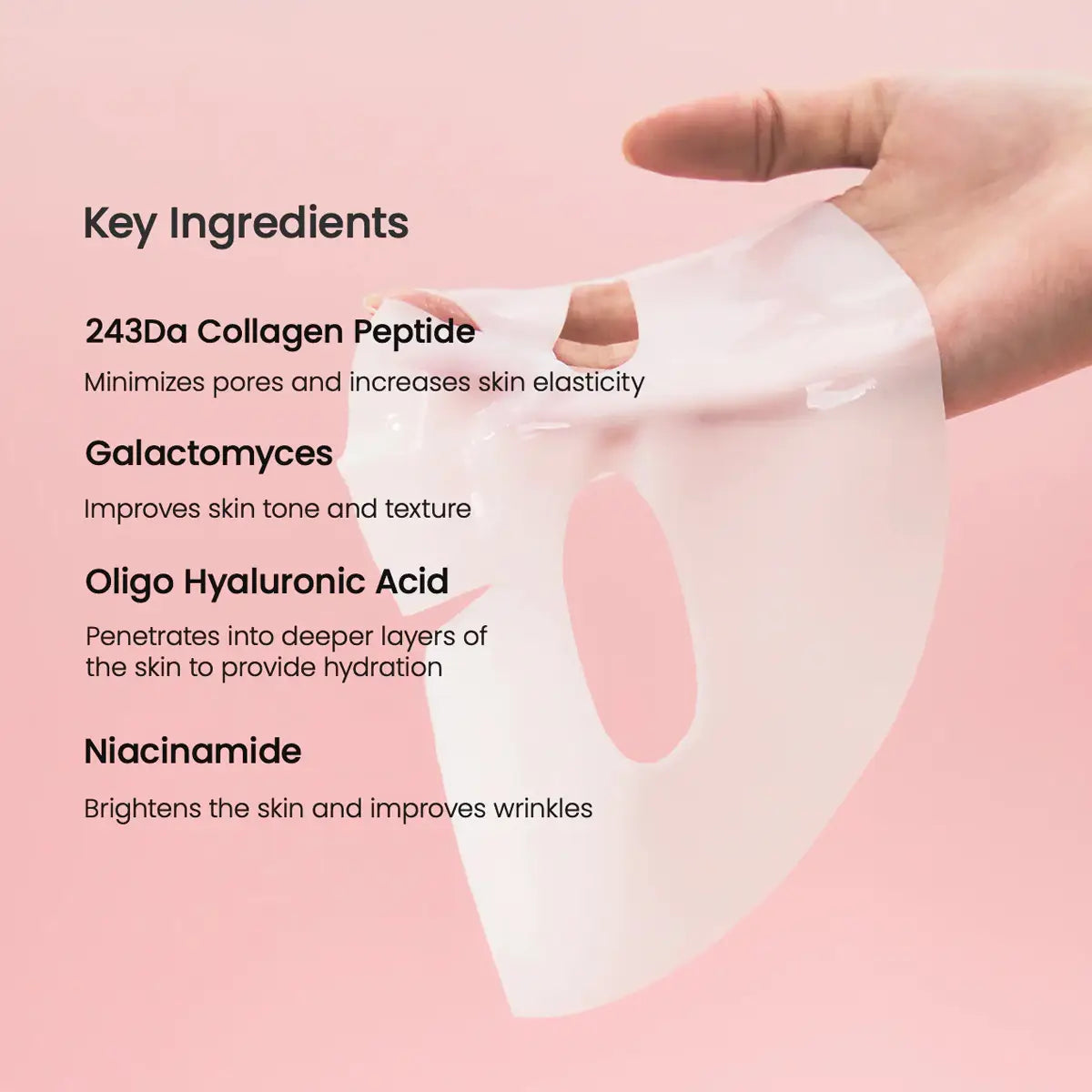Biodance Skin care mask sheet held by a hand with key ingredients listed on a pink background