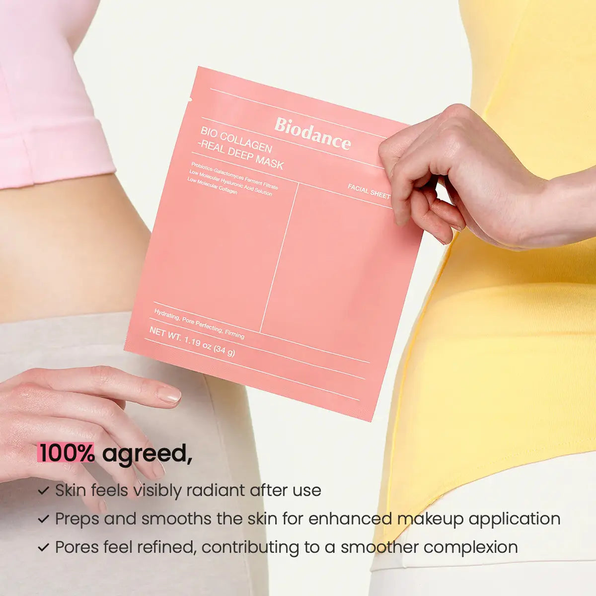 Person holding a pink Biodance sheet mask with text about its benefits on a white background