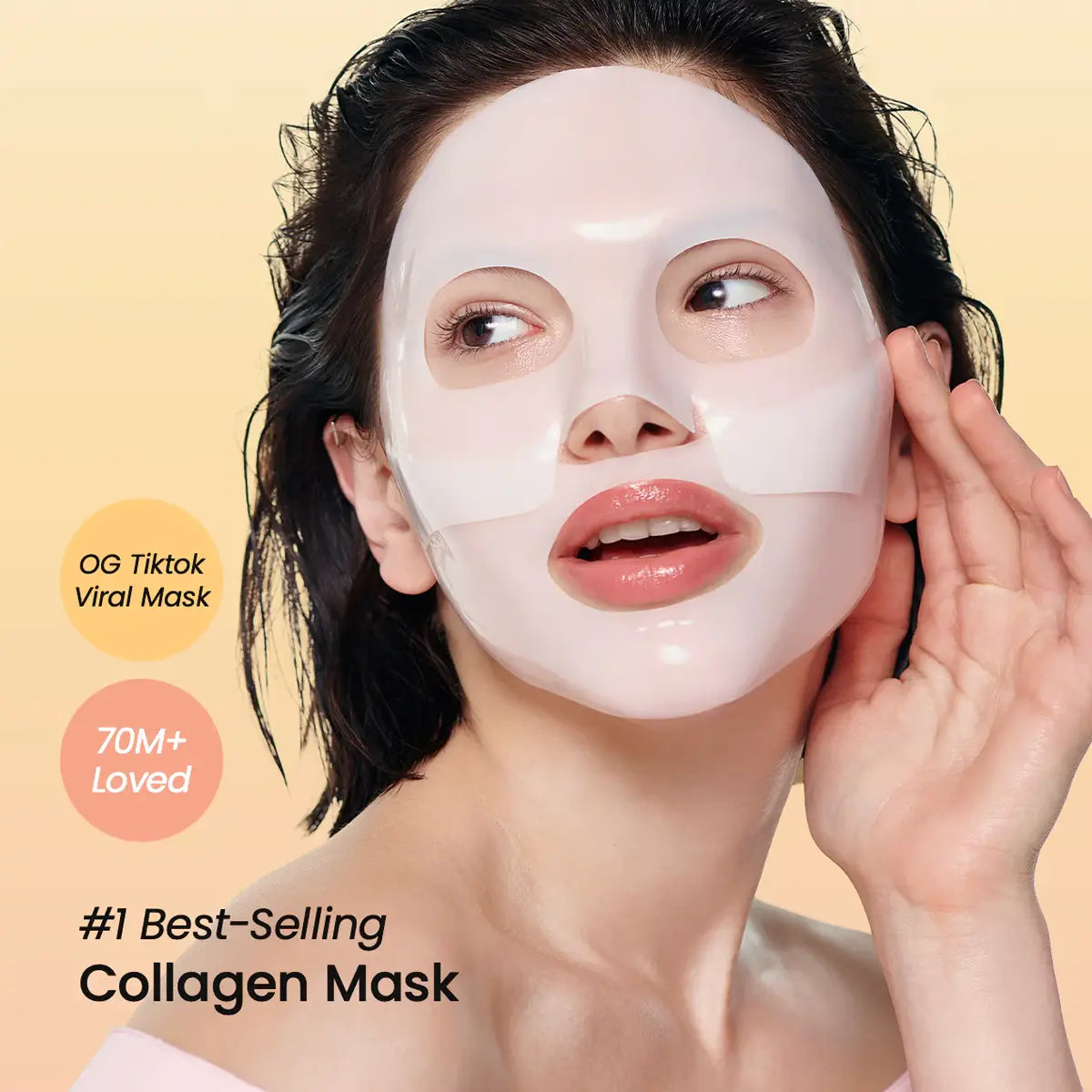 Woman wearing a Biodance collagen mask with text indicating it's a TikTok viral product.