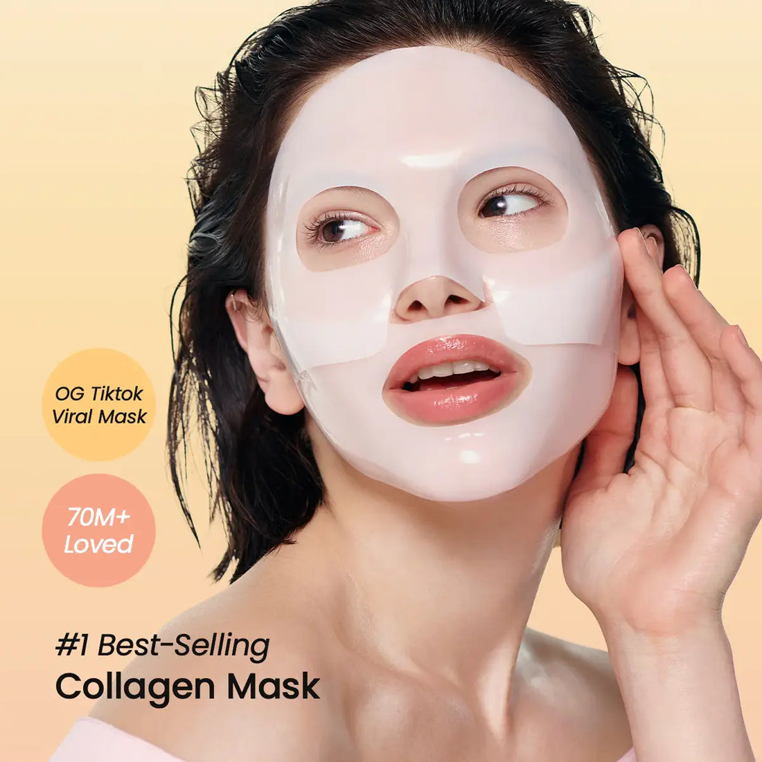 Woman wearing a Biodance collagen mask with text indicating it's a TikTok viral product.