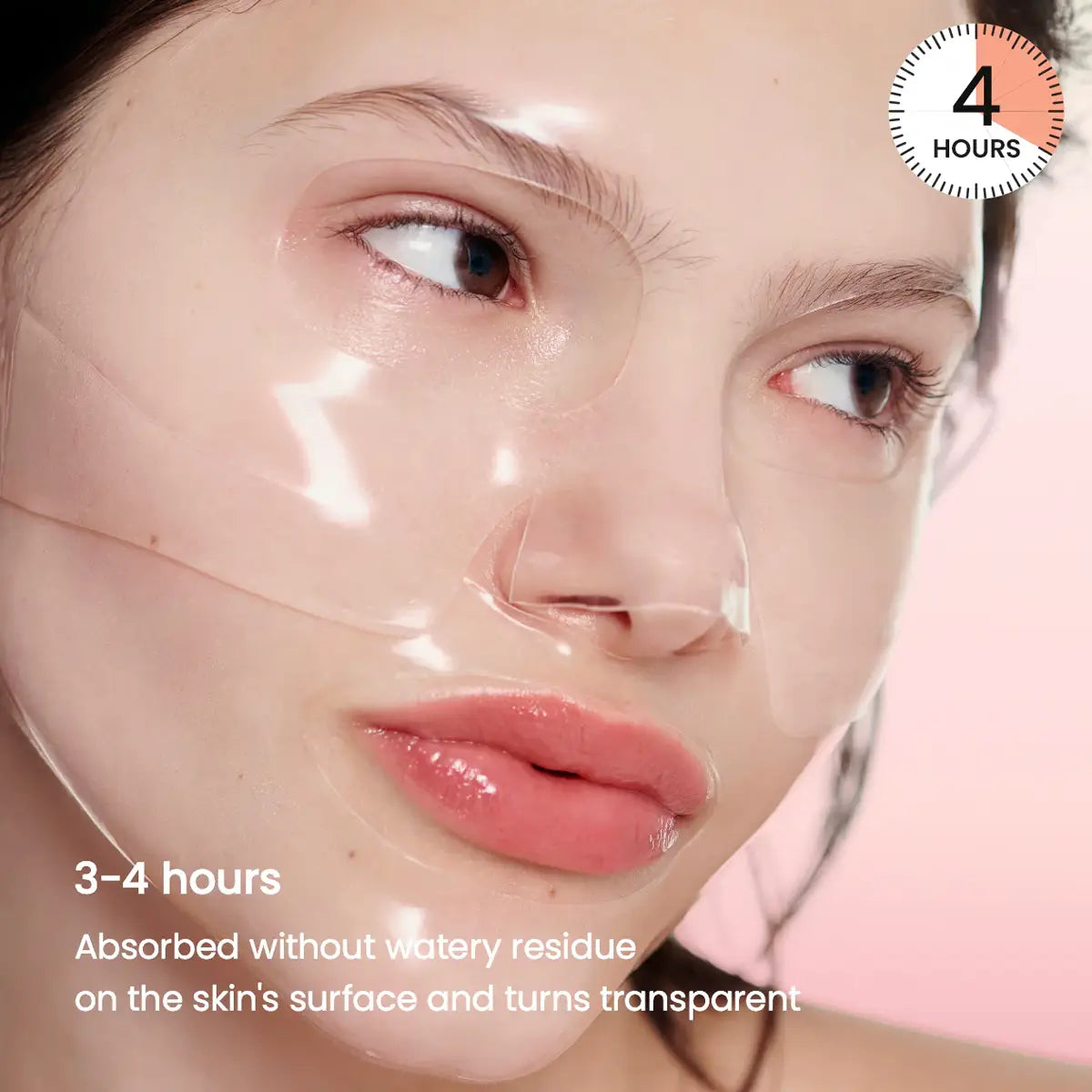 Close-up of a person's face with text indicating absorption time and product application.