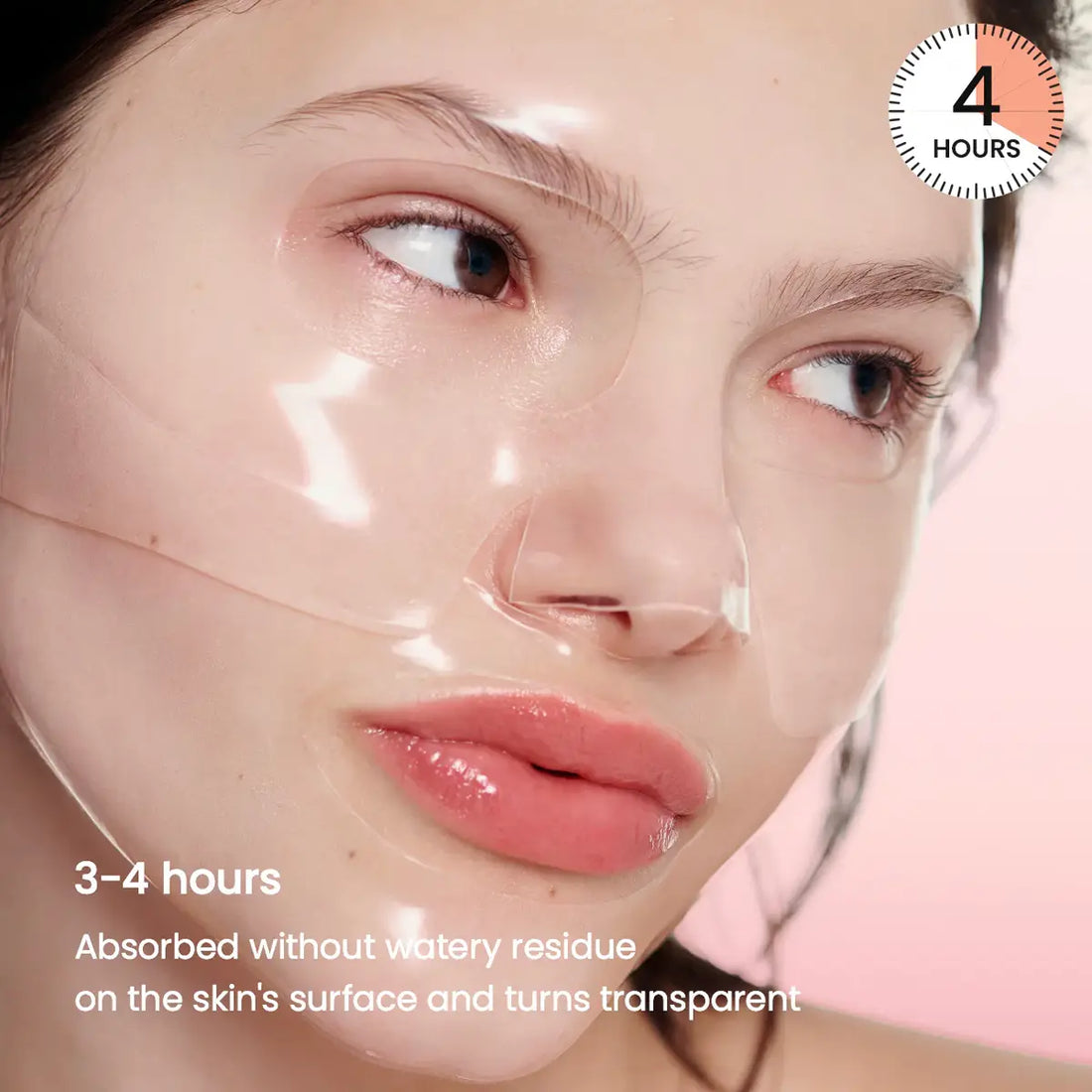 Close-up of a person's face with text indicating absorption time and product application.