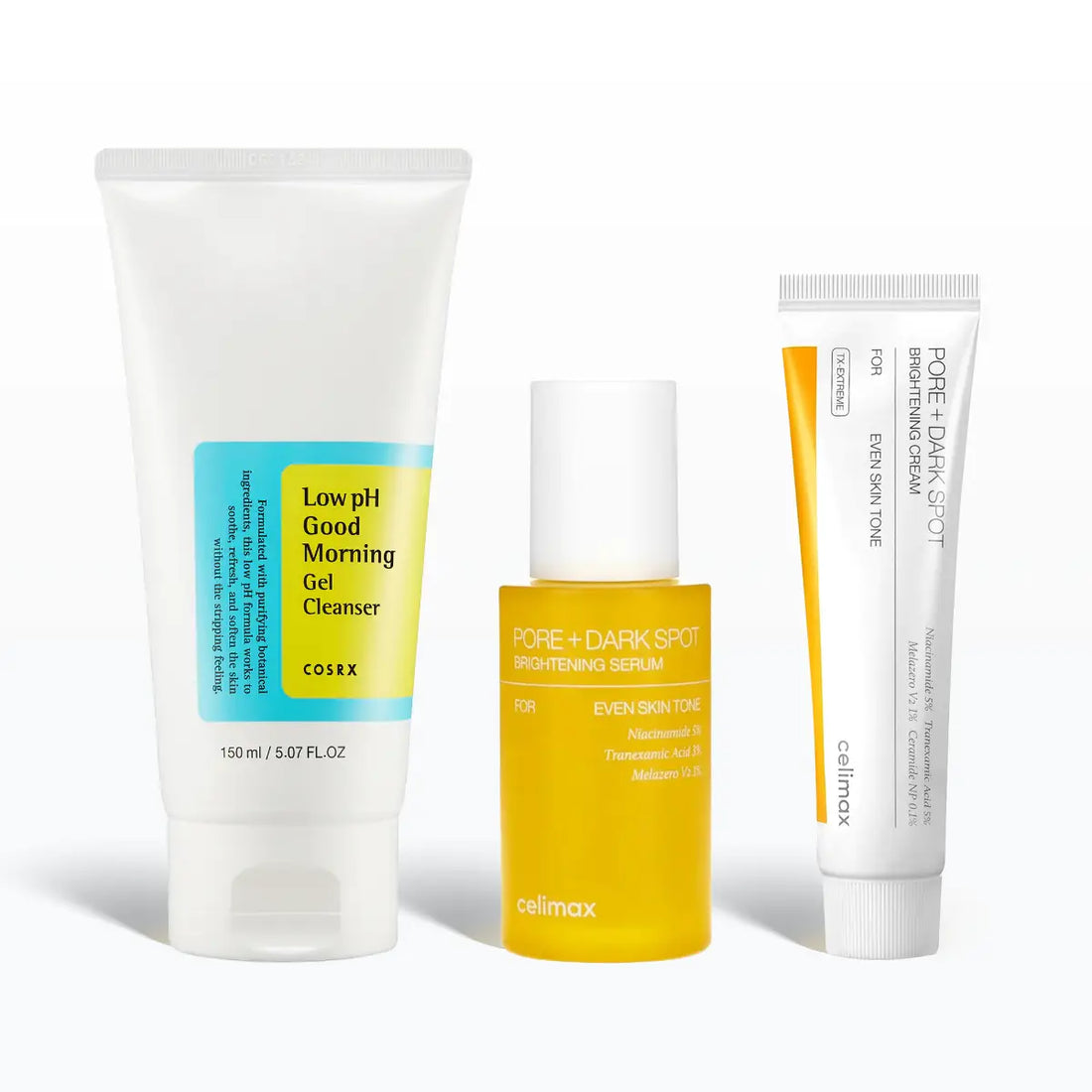 Three skincare products from different brands on a white background