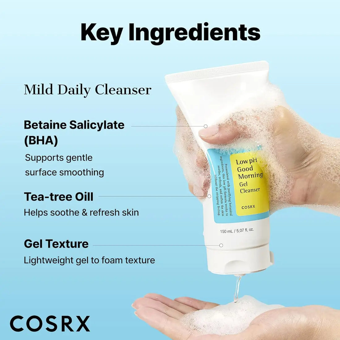 COSRX mild daily cleanser with key ingredients highlighted on a blue background