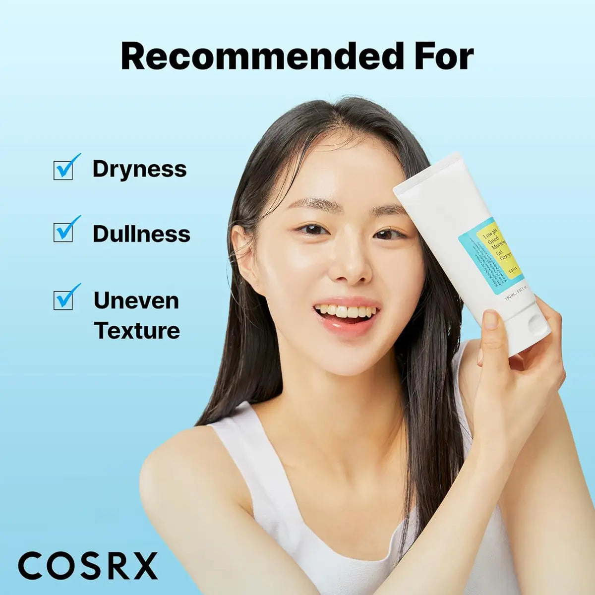 Woman holding a COSRX skincare product with text indicating it's recommended for dryness, dullness, and uneven texture on a blue background.