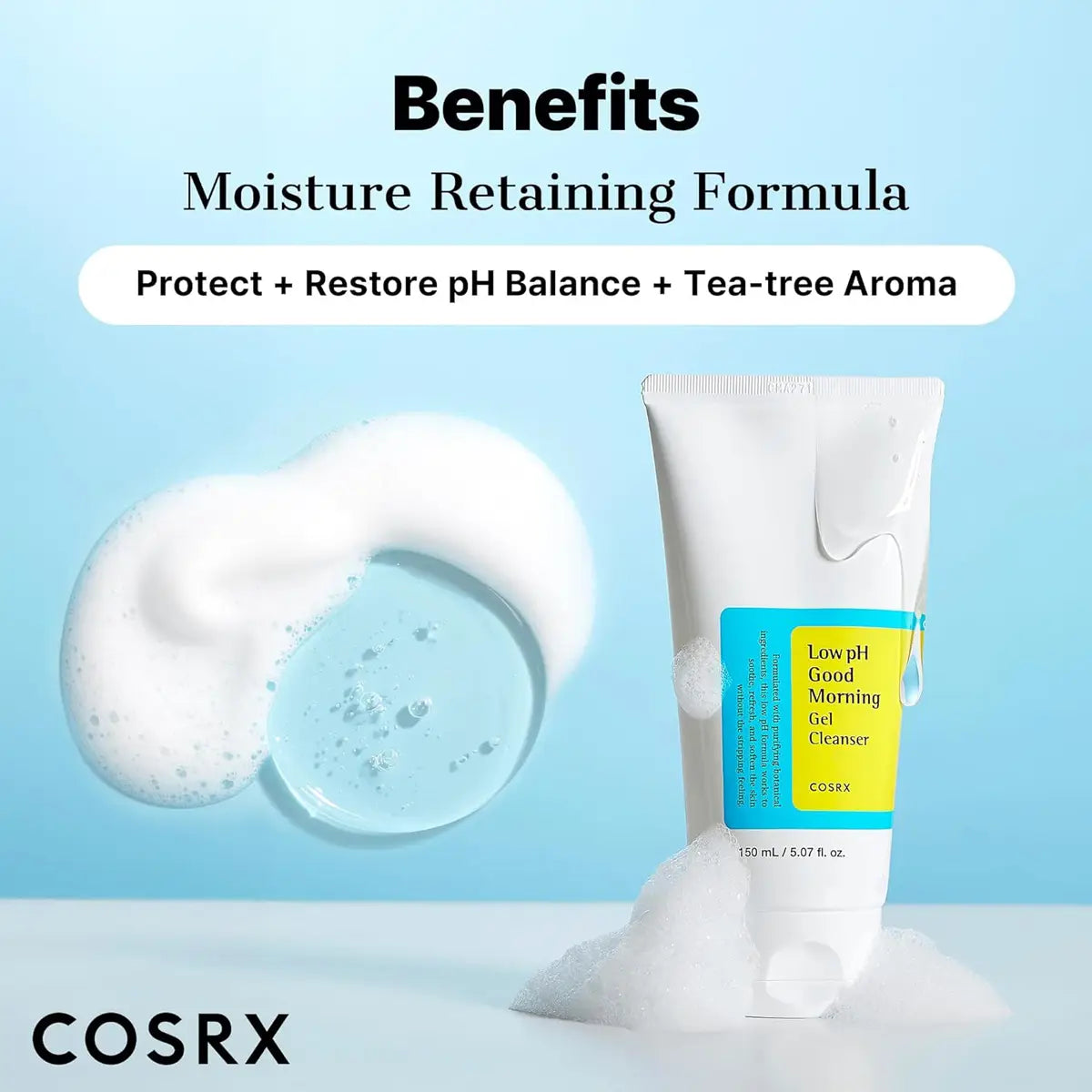 Cosrx cleanser tube with foam and text on a blue background