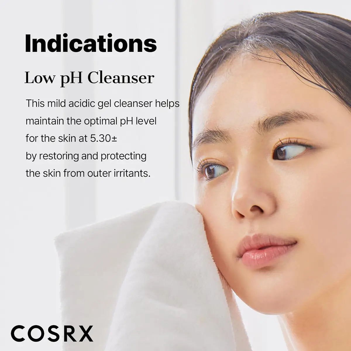 COSRX advertisement with a woman using a low pH cleanser, text about its benefits, and a white background.