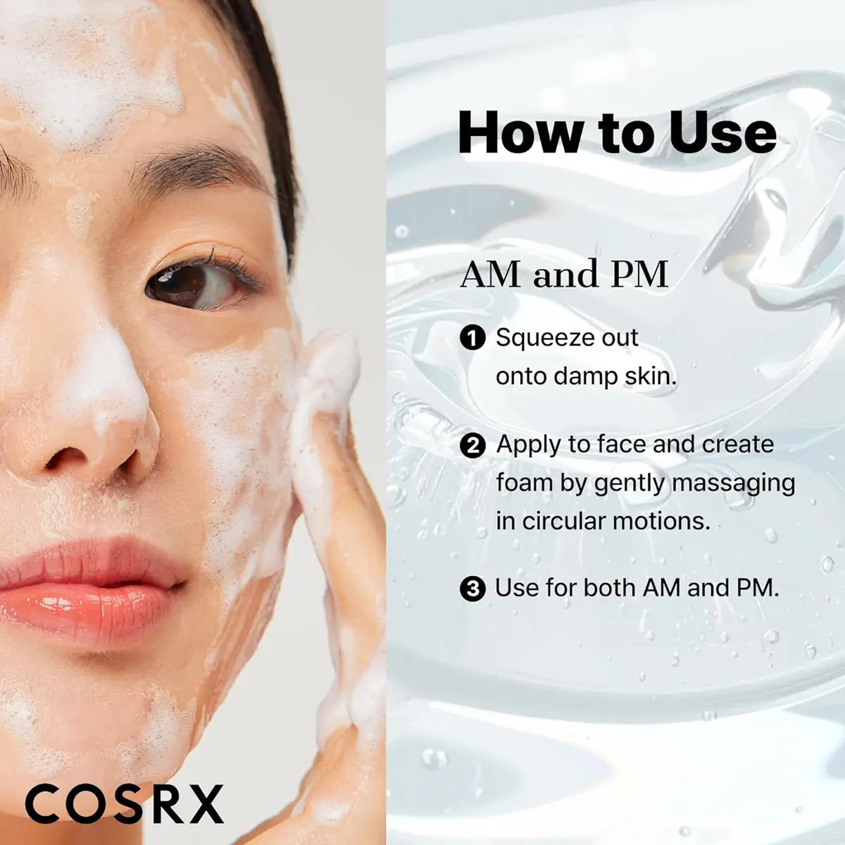 Cosrx skincare product use instructions with a close-up of a person applying foam to their face.