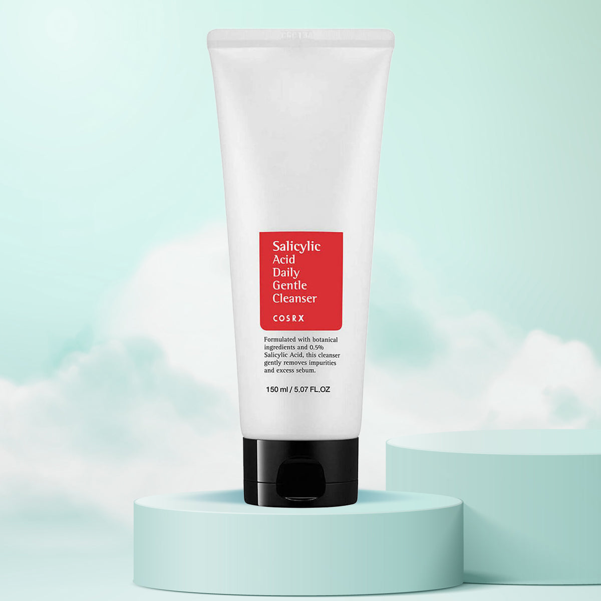 COSRX Salicylic Acid Daily Gentle Cleanser tube 150mL on a light blue background