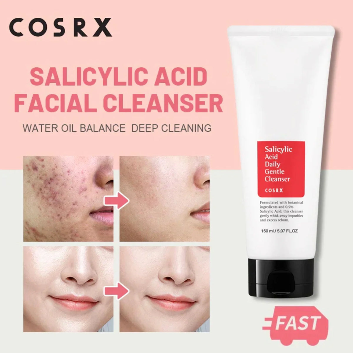 COSRX Salicylic Acid Facial Cleanser with before and after effects on skin on a pink background | Shop online at Mirae Beauty Hub UAE.