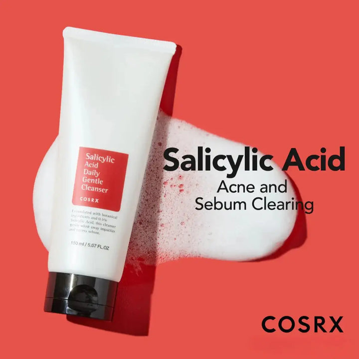 COSRX Salicylic Acid cleanser with foam on a red background