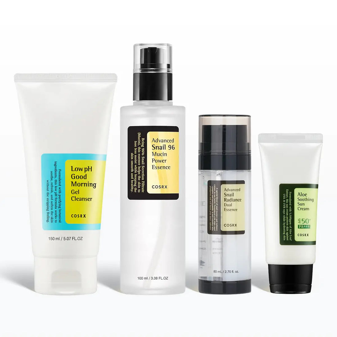Set of skincare products including a cleanser, essence, and cream on a white background