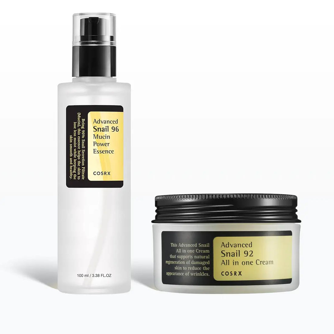 COSRX Snail Repair and Glass Skin Duo featuring Advanced Snail 96 Mucin Power Essence 100mL and Advanced Snail 92 All In One Cream 100g