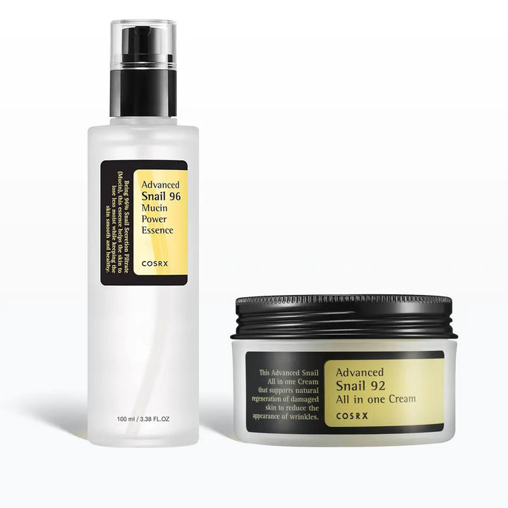 COSRX Snail Repair and Glass Skin Duo featuring Advanced Snail 96 Mucin Power Essence 100mL and Advanced Snail 92 All In One Cream 100g
