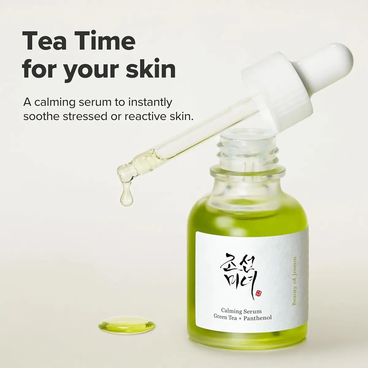 Calming serum bottle with dropper on a light background