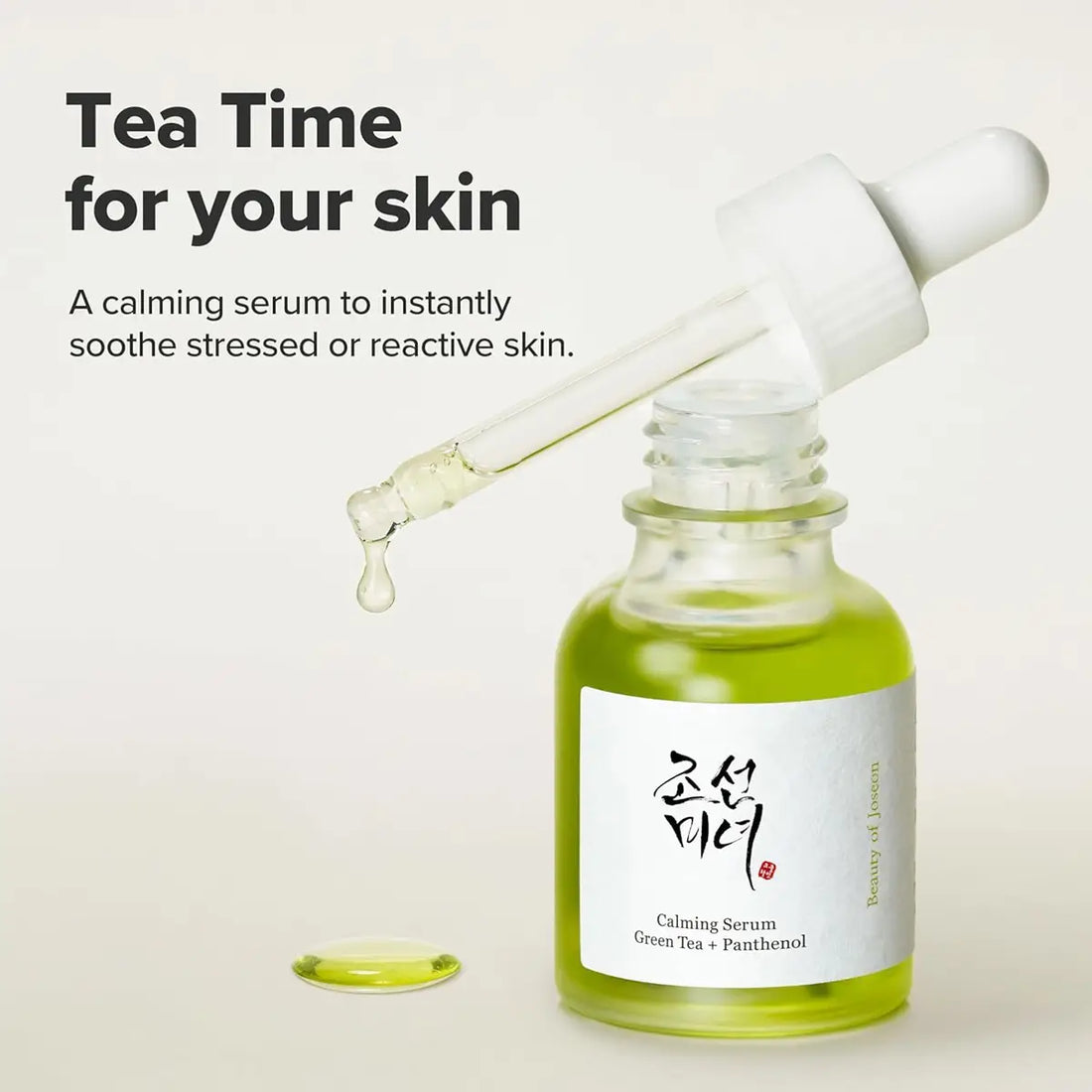 Calming serum bottle with dropper on a light background