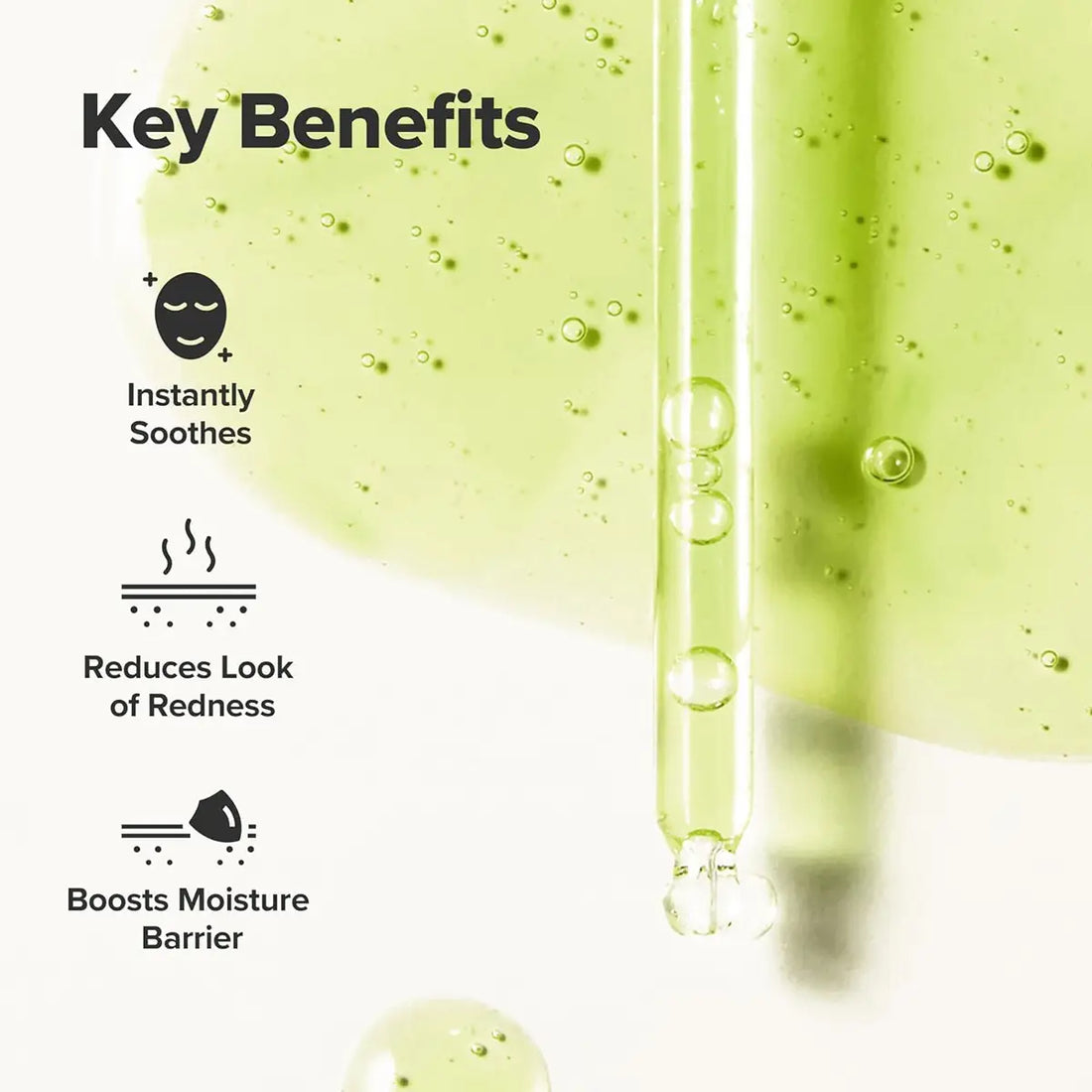 Key benefits of a skincare product with text and dropper on a white background