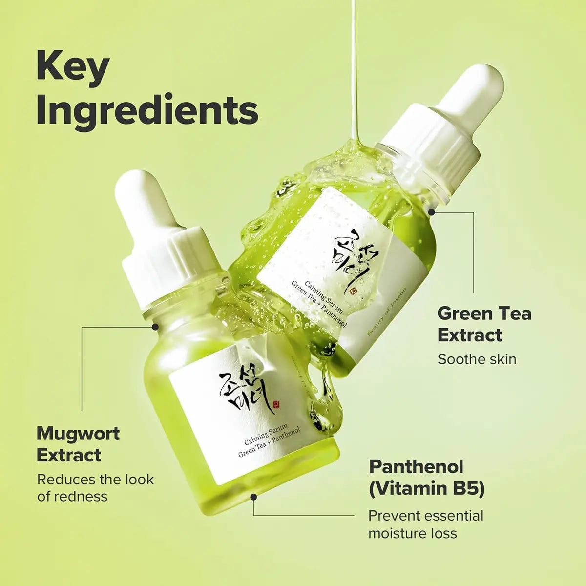 Two dropper bottles with green liquid on a light green background, highlighting key ingredients.