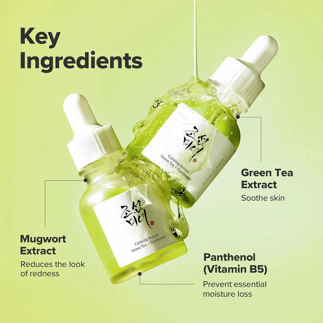 Two dropper bottles with green liquid on a light green background, highlighting key ingredients.