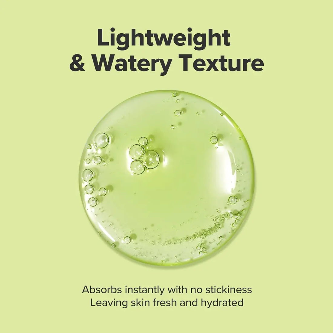 Lightweight and watery texture of a skincare product with bubbles on a green background.