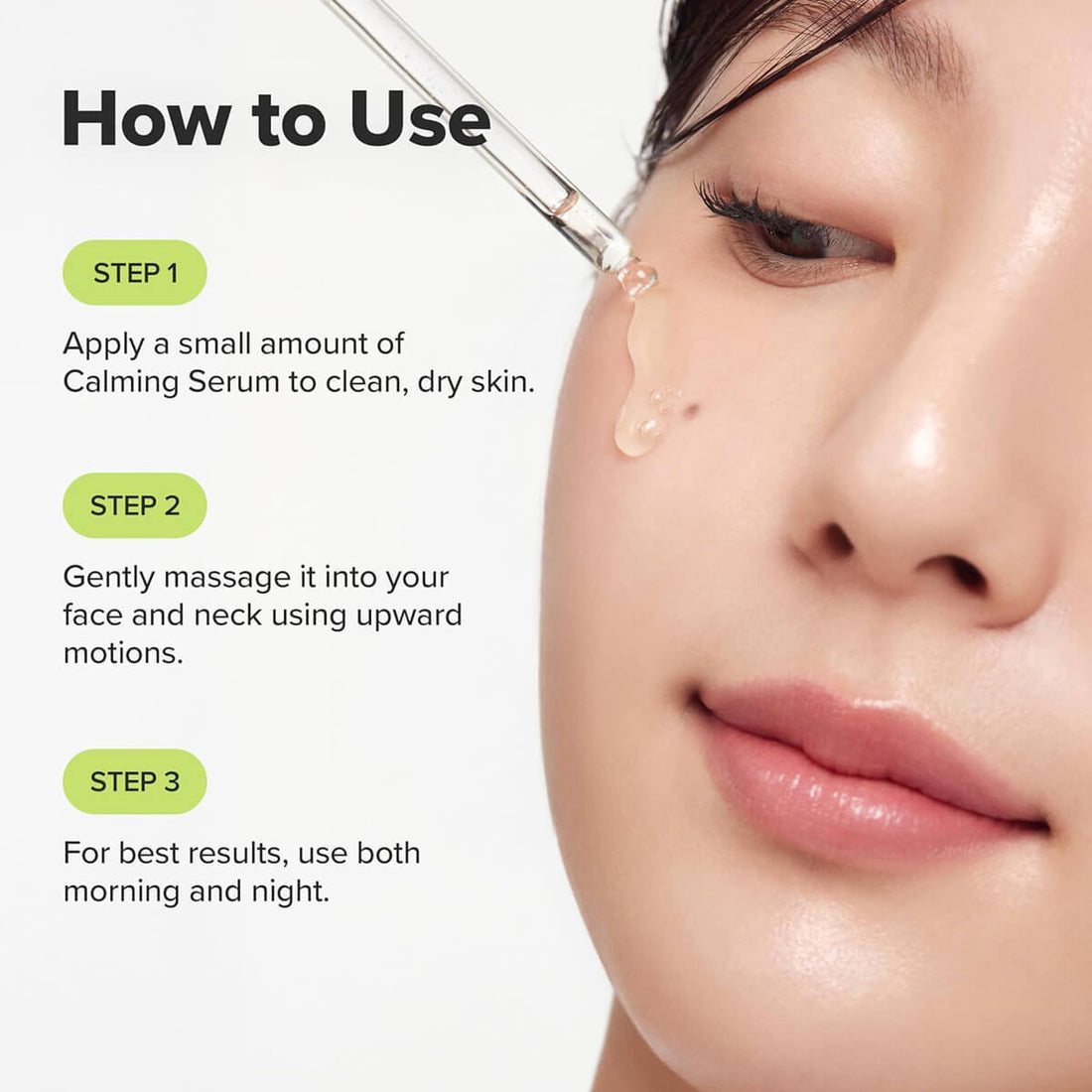 Instructions on how to use a calming serum with a close-up of a woman's face.