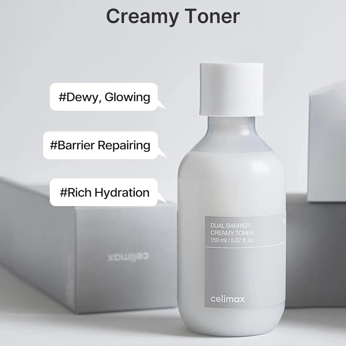 Celimax Dual Barrier Creamy Toner bottle with text highlighting benefits on a light gray background