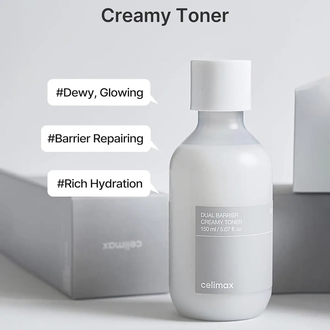 Celimax Dual Barrier Creamy Toner bottle with text highlighting benefits on a light gray background