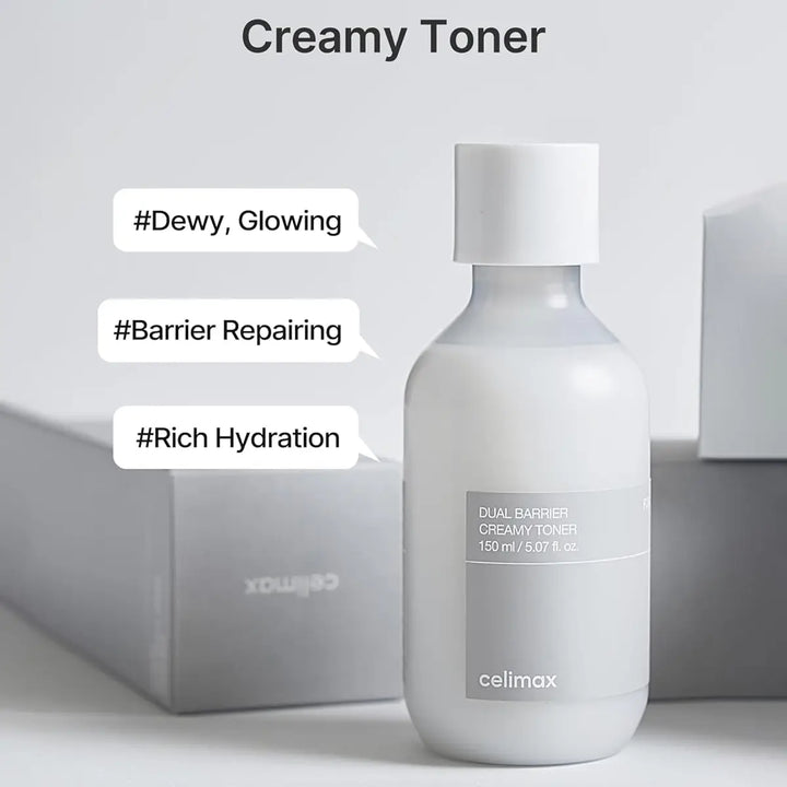 Celimax Dual Barrier Creamy Toner bottle with text highlighting benefits on a light gray background