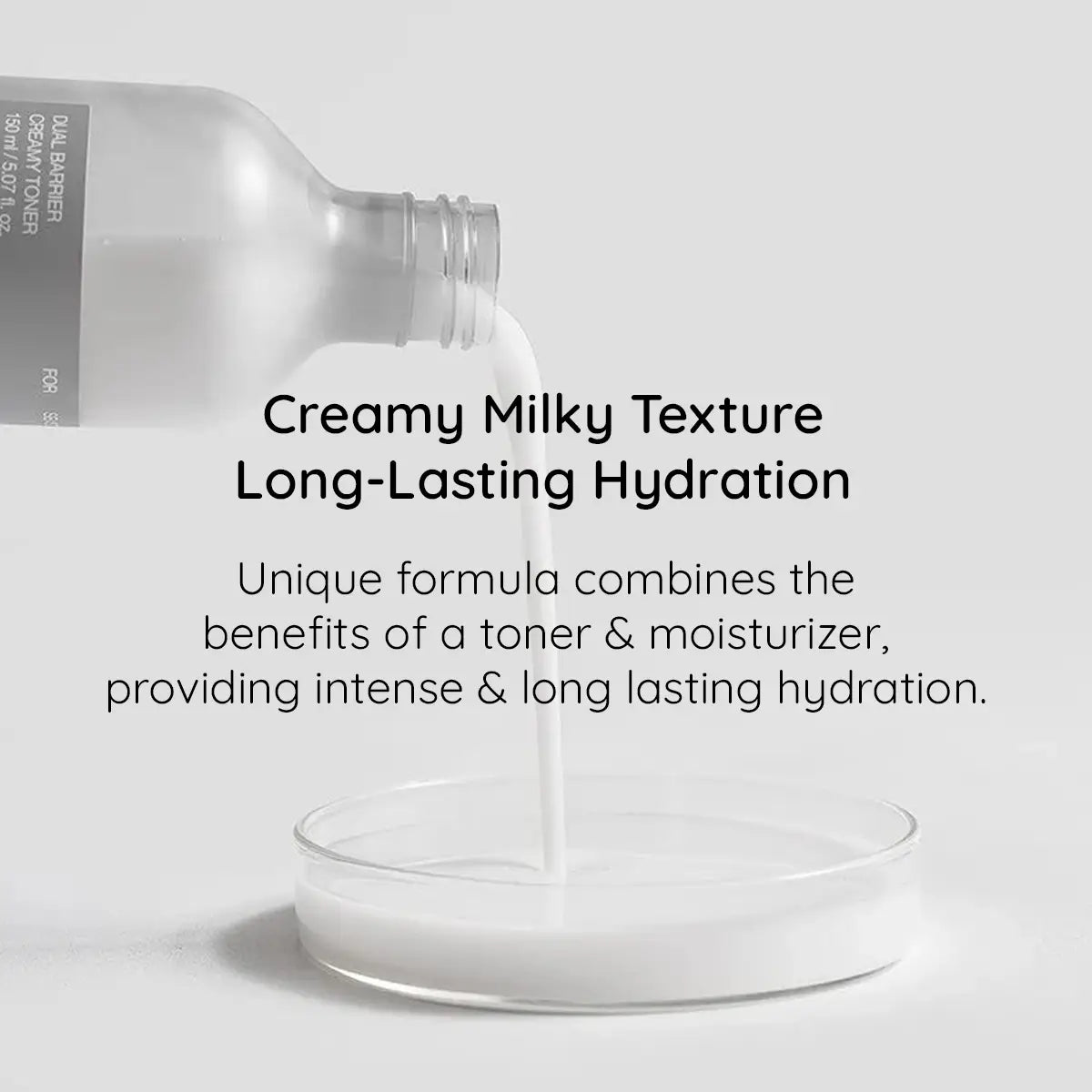 Bottle of sCelimax Dual Barrier Creamy Toner with text about creamy milky texture and long-lasting hydration.