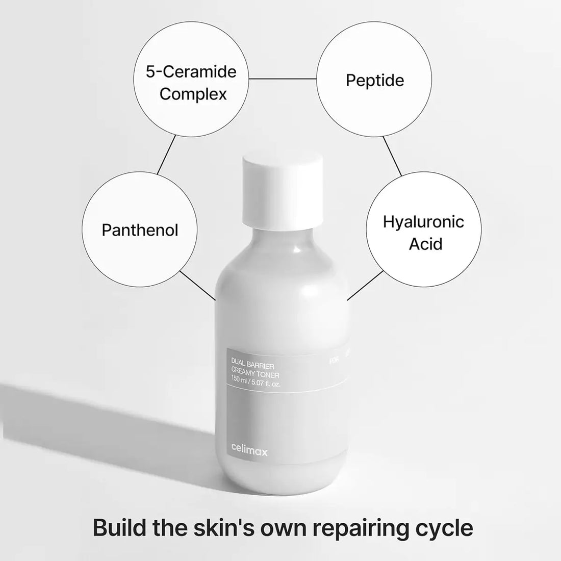 Celimax Dual Barrier Creamy Toner 150mL with ingredients labeled on a light gray background