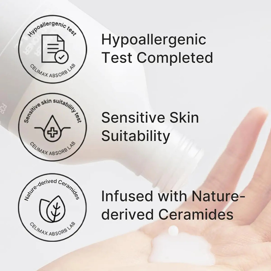 Product packaging with hypoallergenic and sensitive skin suitability labels, and a hand holding a small amount of product.