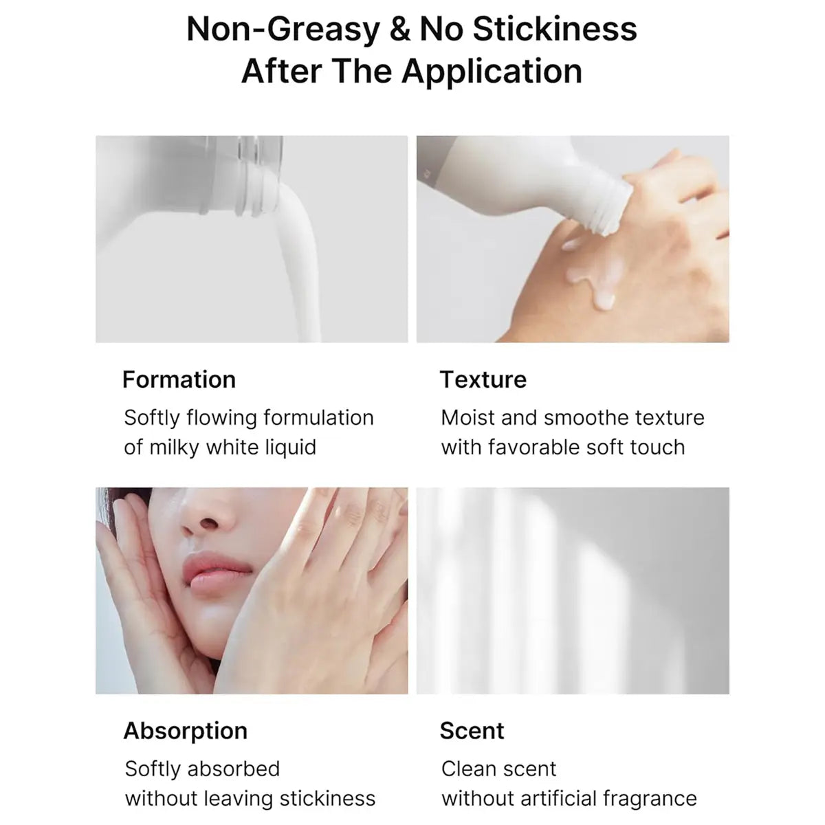 Product features with text on non-greasy and no stickiness after application.