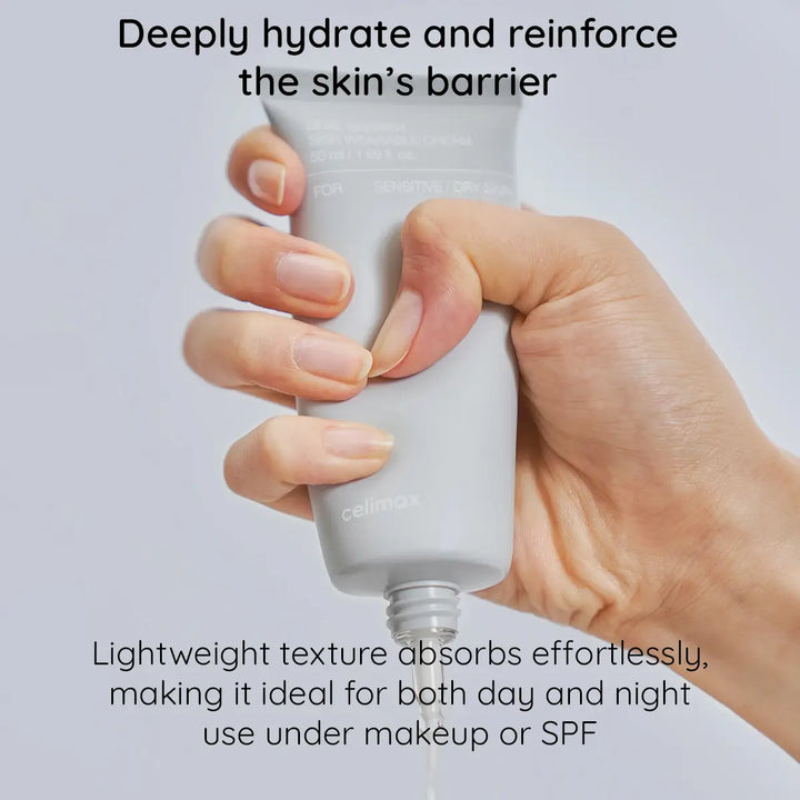 Hand holding a Celimax Dual Barrier Skin Wearable Cream with text about hydrating and reinforcing the skin's barrier.