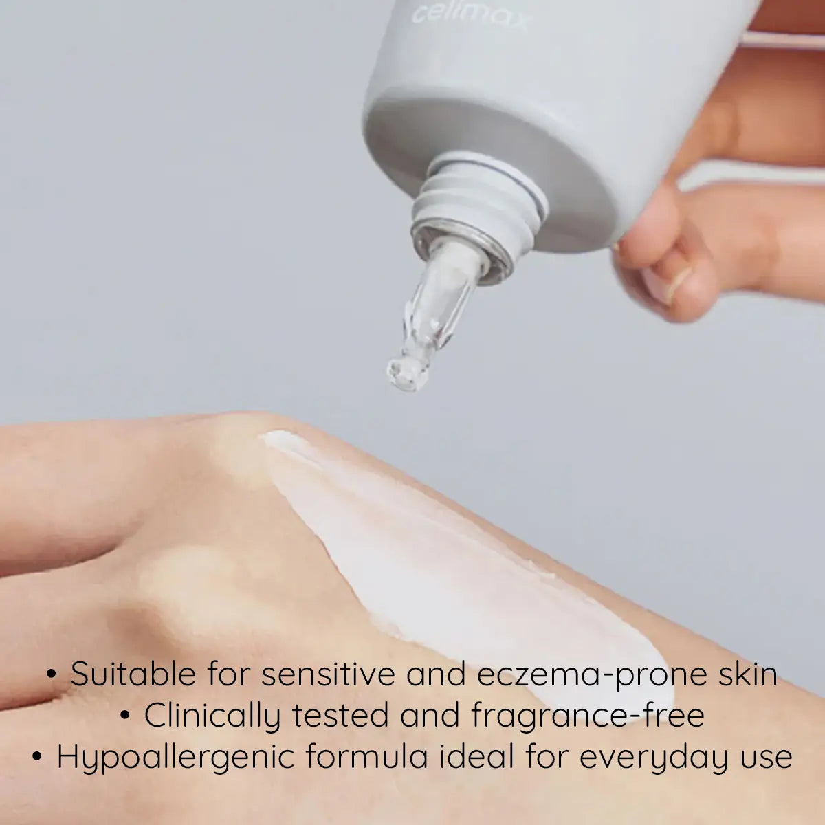 Hand applying a Celimax Dual Barrier Skin Wearable Cream to skin with text about suitability for sensitive skin.