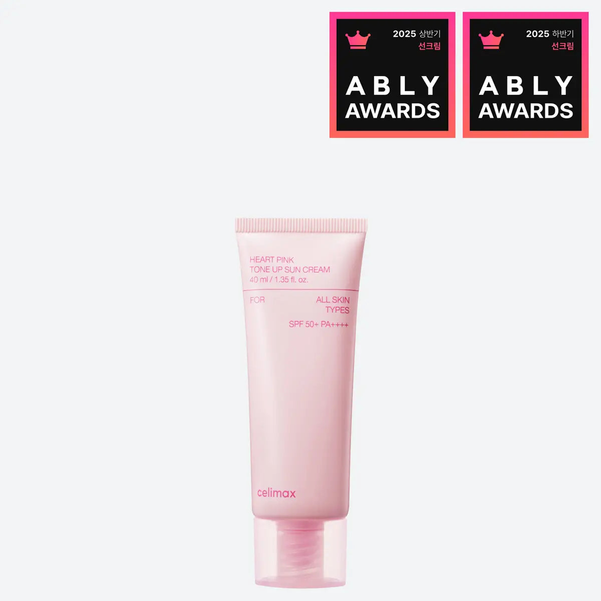 Pink Celimax sunscreen tube with 'ABLY Awards' logos on a white background