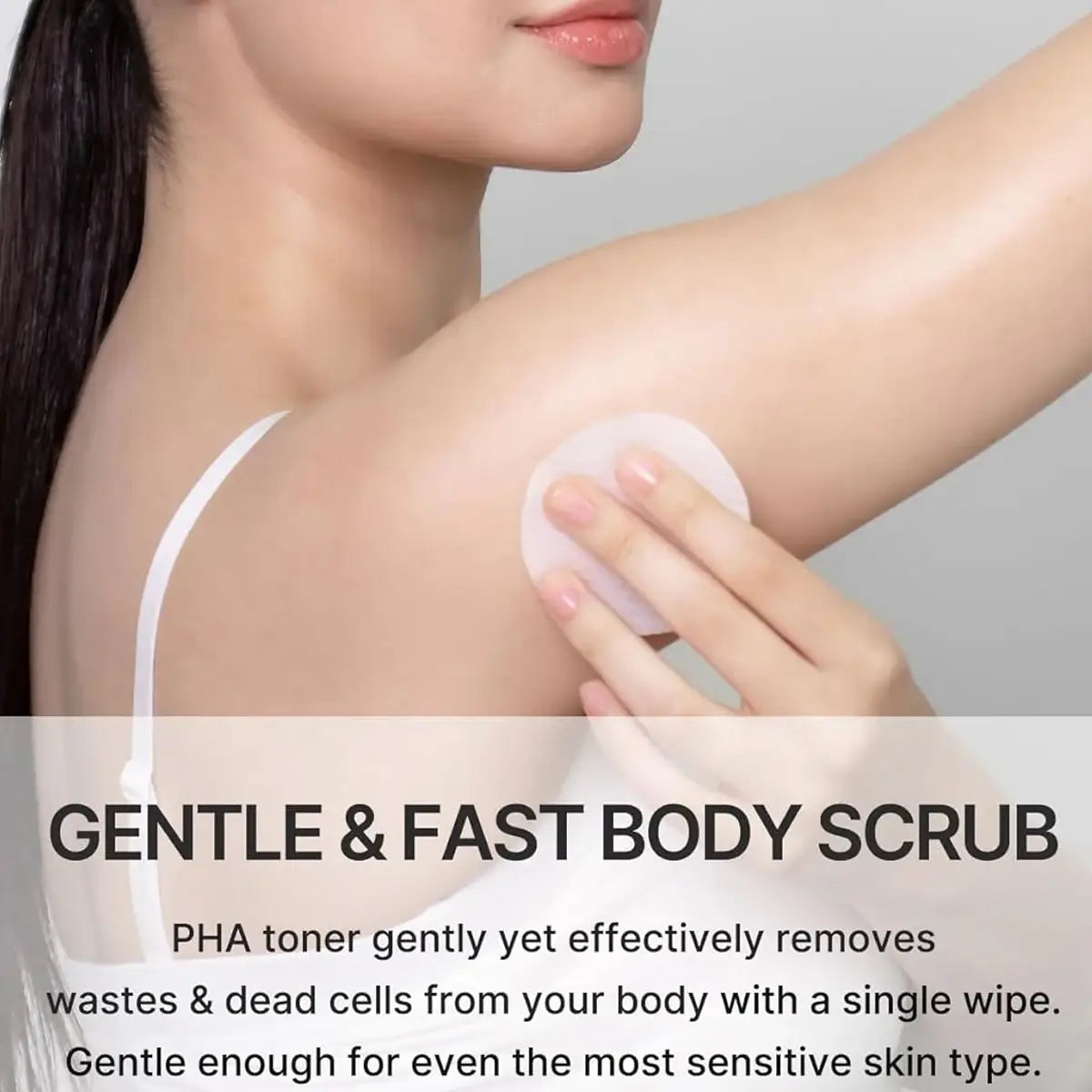 Person using a gentle body toner on their arm with text about PHA toner.