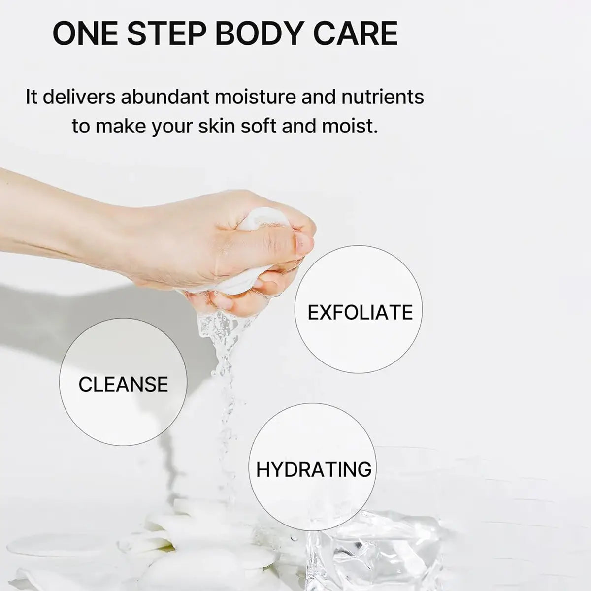 One-step body care product with text on a white background