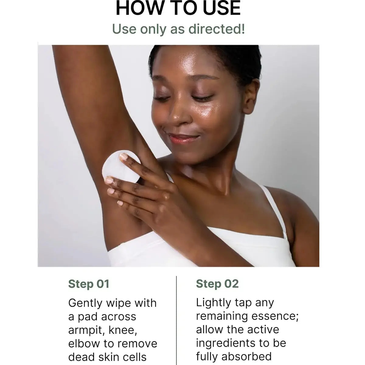 Product usage guide with a woman applying Celimax Ji Woo Gae One Step Body Brightening Pad to her arm on a white background