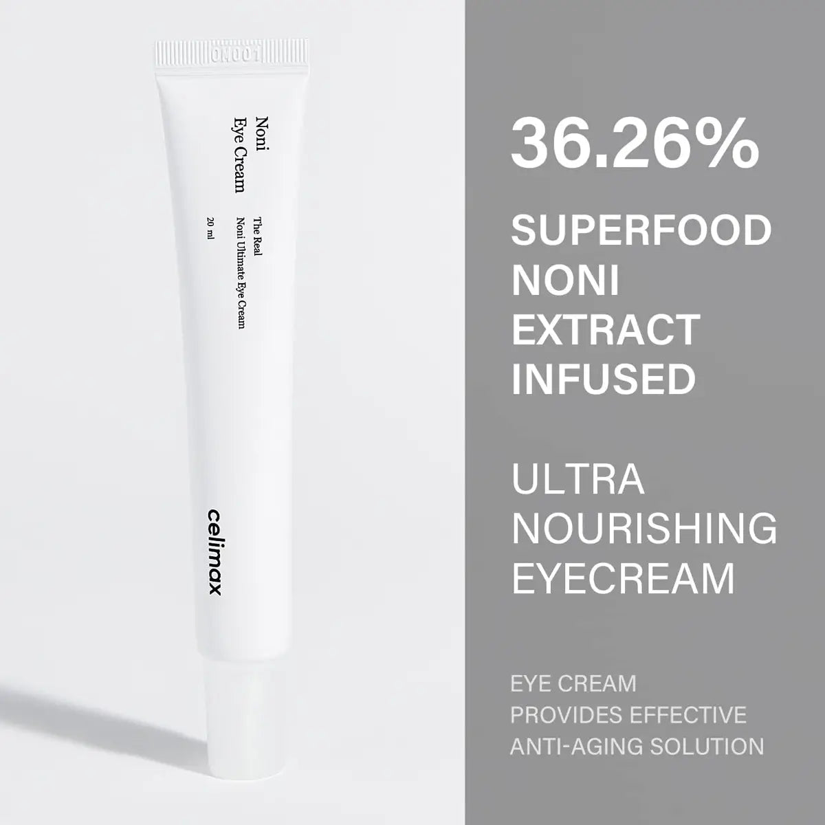 Eye cream tube with text about superfood noni extract on a gray background