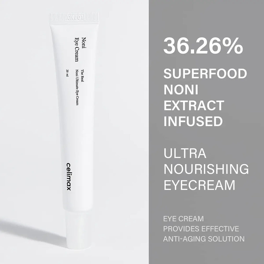 Eye cream tube with text about superfood noni extract on a gray background