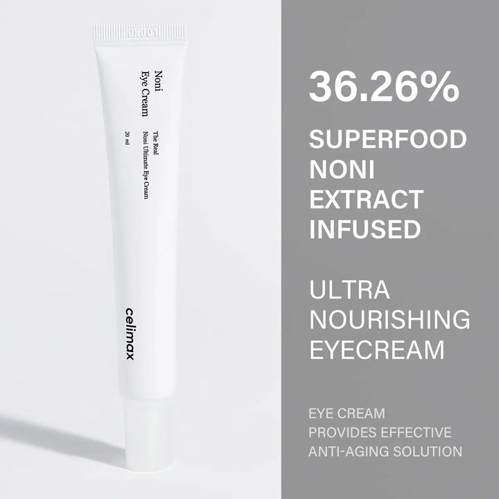 Eye cream tube with text about superfood noni extract on a gray background