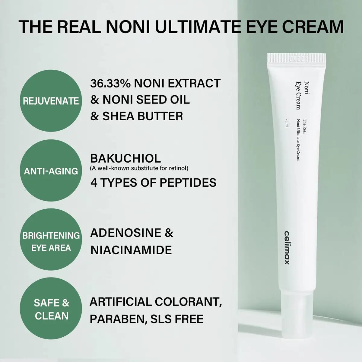 Eye cream tube with ingredients listed on a light green background