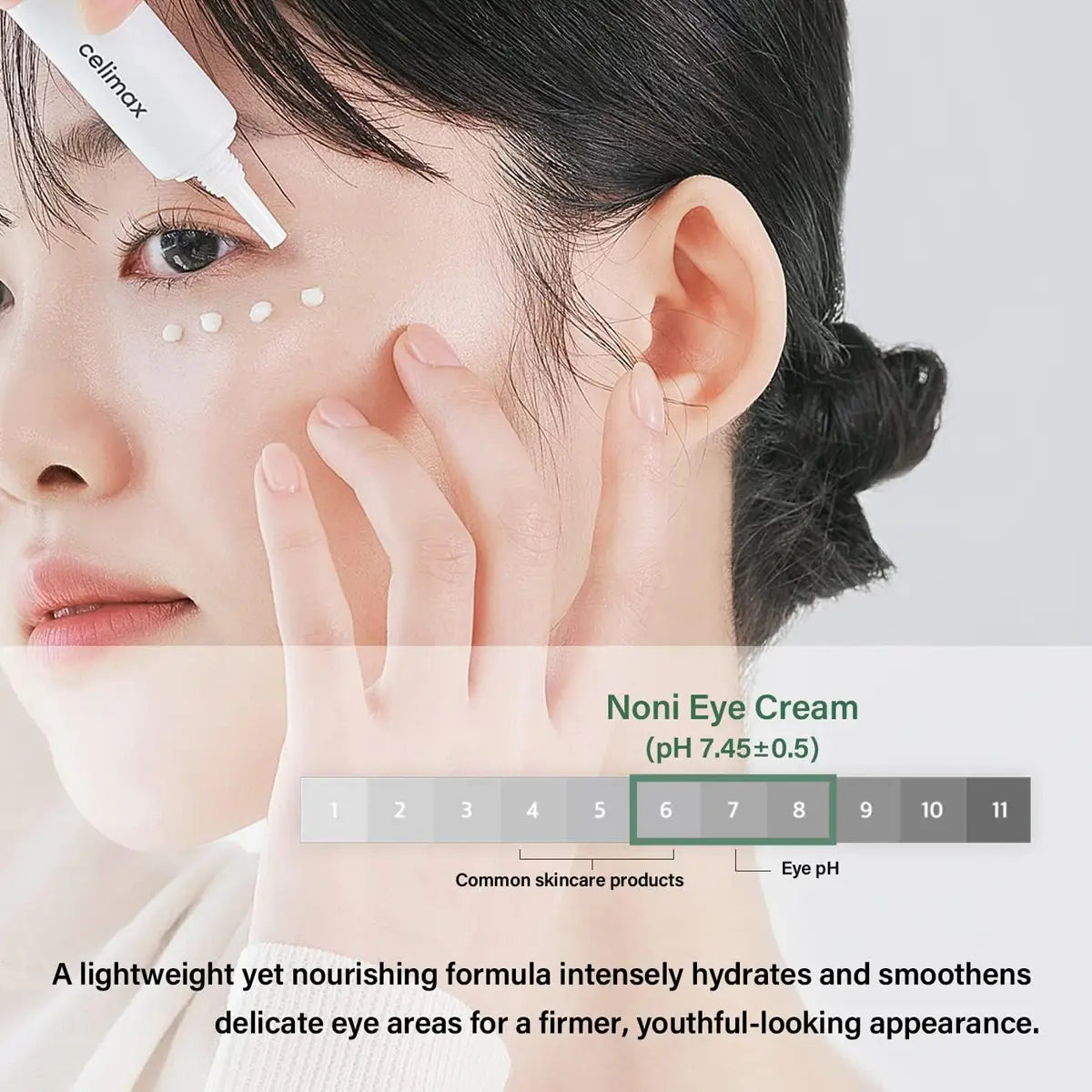 Woman applying noni eye cream with product details on a white background