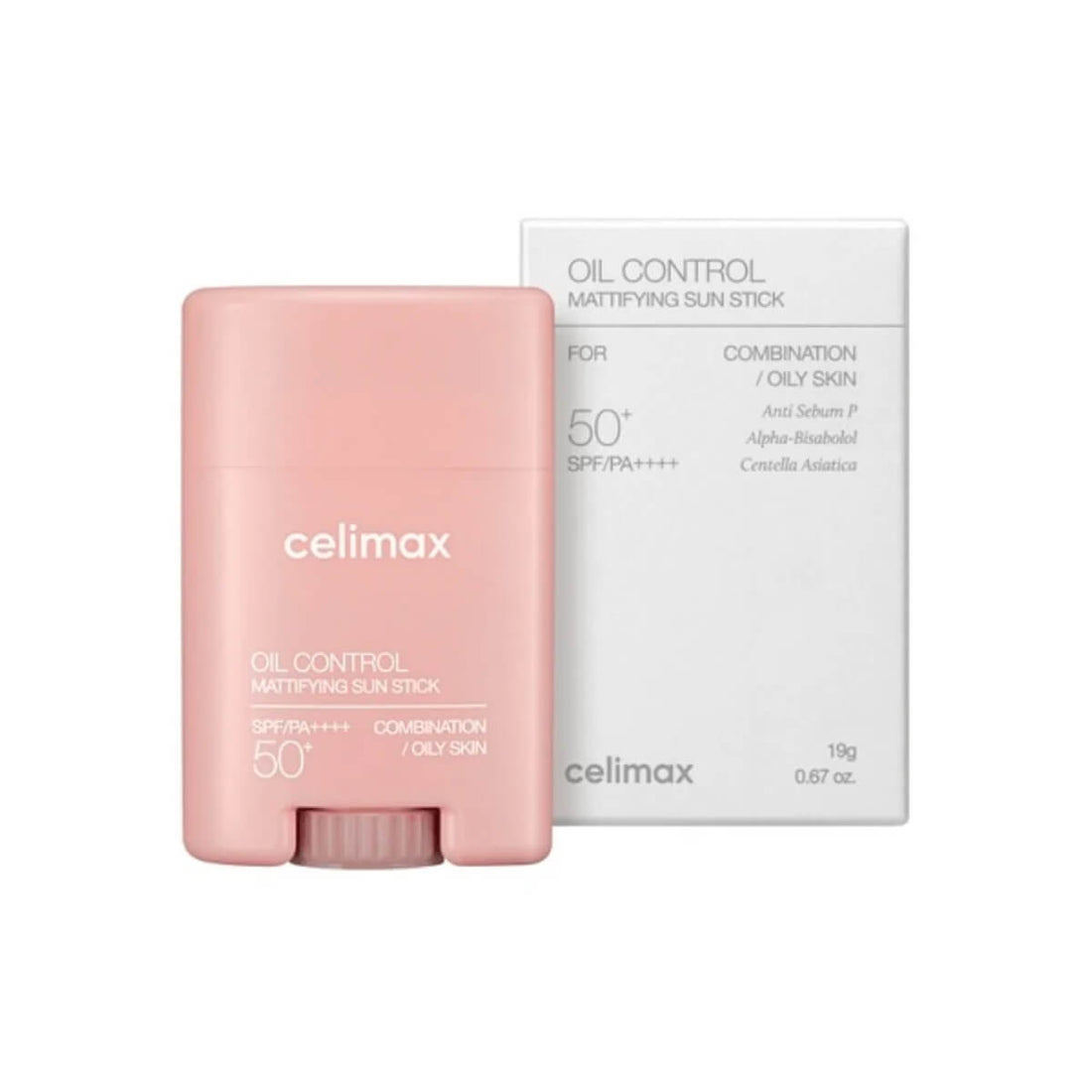 Celimax oil control matifying sun stick with packaging on a white background