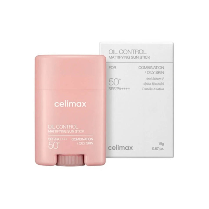 Celimax oil control matifying sun stick with packaging on a white background