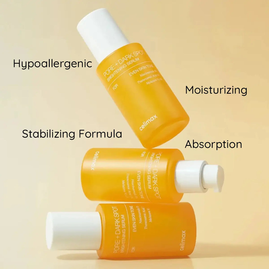Three bottles of Celimax serum with text highlighting features on a beige background