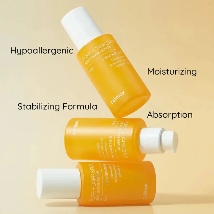 Three bottles of Celimax serum with text highlighting features on a beige background
