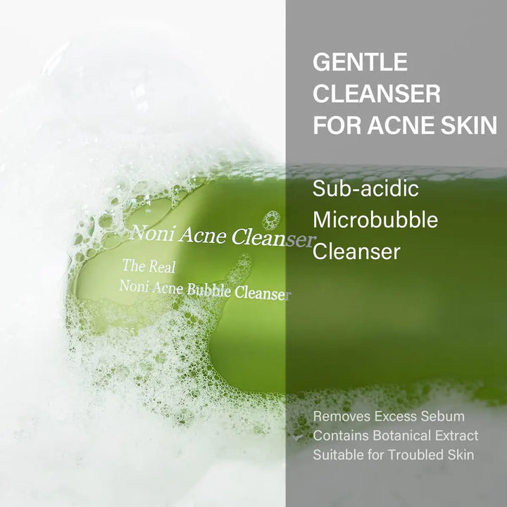 Advertisement for Noni Acne Cleanser with green liquid and text on a white background