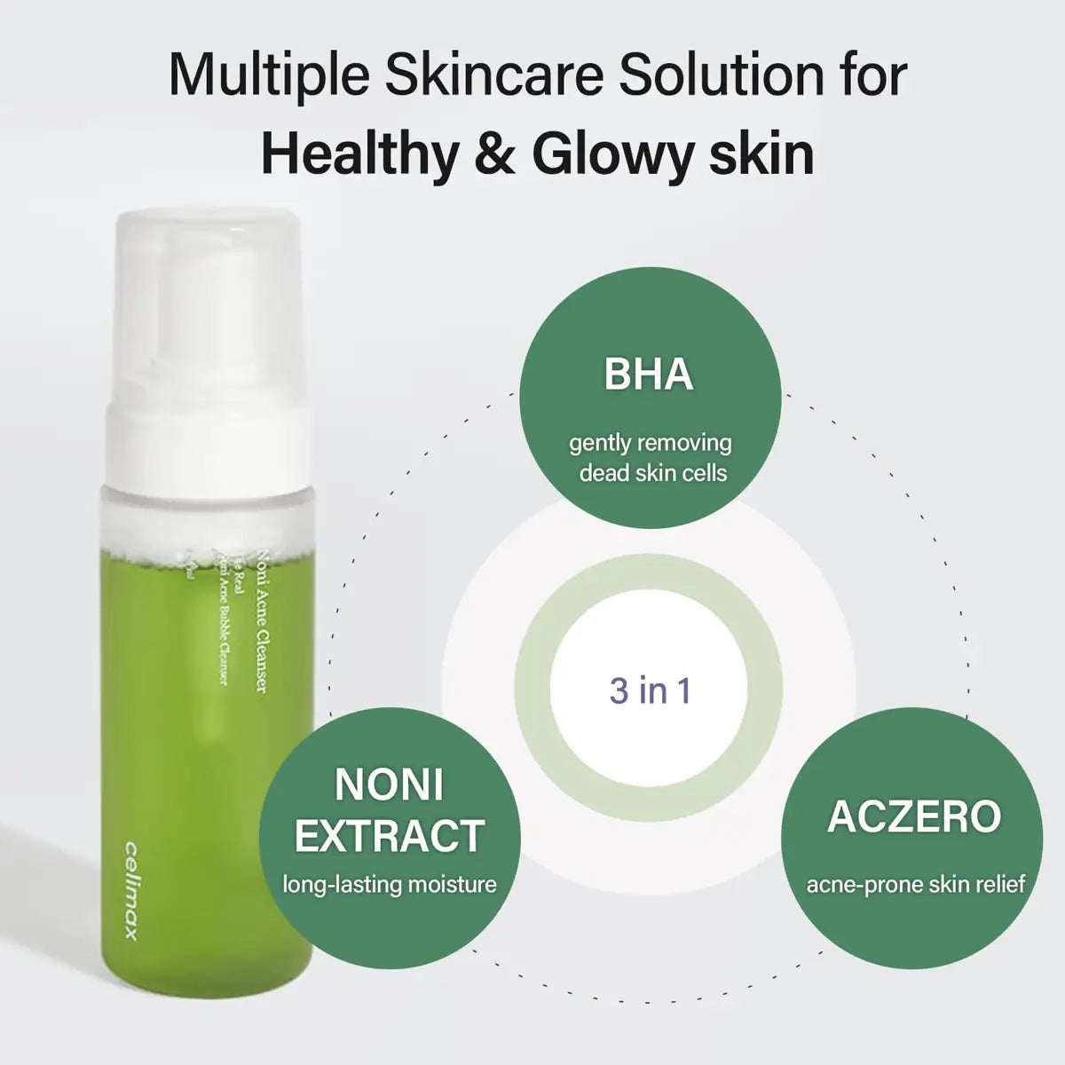 Skincare product with green and white design, featuring text about skincare benefits on a light gray background.